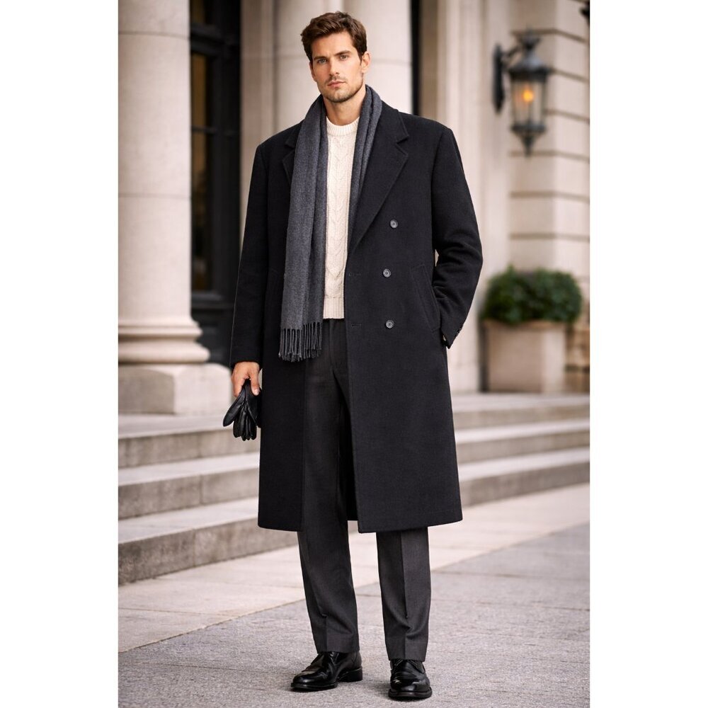 Mens Andrew Fezza Cashmere Blend Overcoat Black Double Breasted Long Coat L - Picture 14 of 16